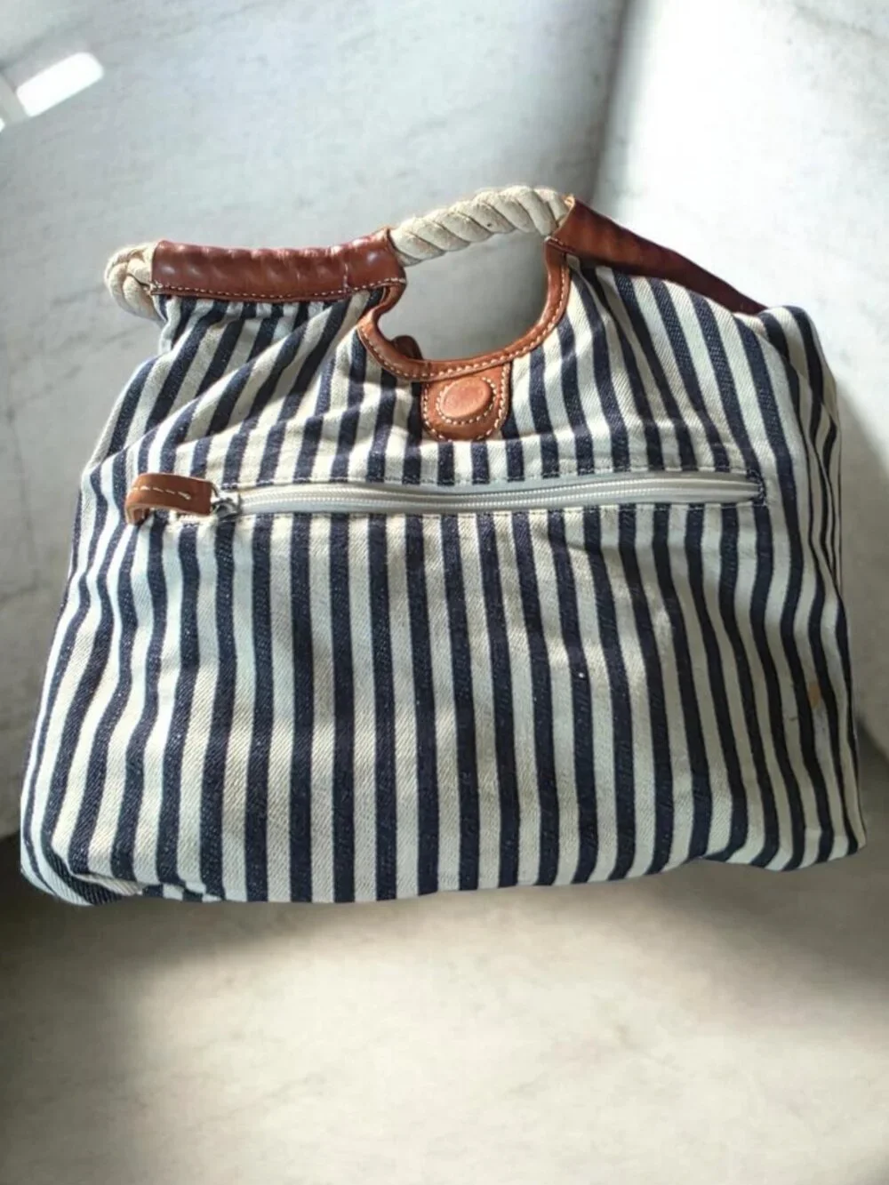 Vintage LANDS END Canvas & Leather Rope-Handle Tote in Olive and Brown